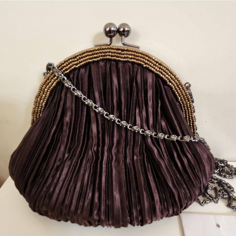 Pleated Brown Satin Shoulder Bag with Chain Strap